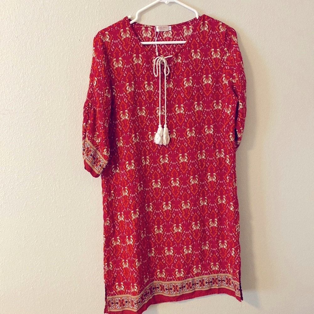 Halife Boho Dress Elbow Length Sleeves Dark Pink & Orange Size M